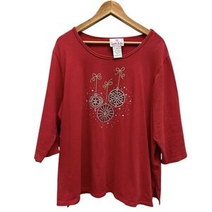 Quacker Factory 2X‎ Red Christmas Sweater Gold Sequin Ornaments Festive Holiday